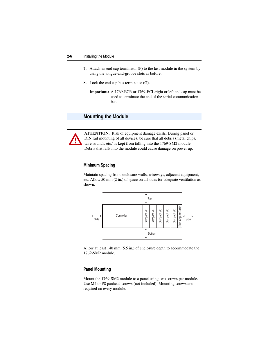 Mounting the module, Minimum spacing, Panel mounting | Mounting the module -6, Mounting instructions, see, Panel | Rockwell Automation 1769-SM2 Compact I/O DSI/Modbus Communication Module User Manual | Page 28 / 204