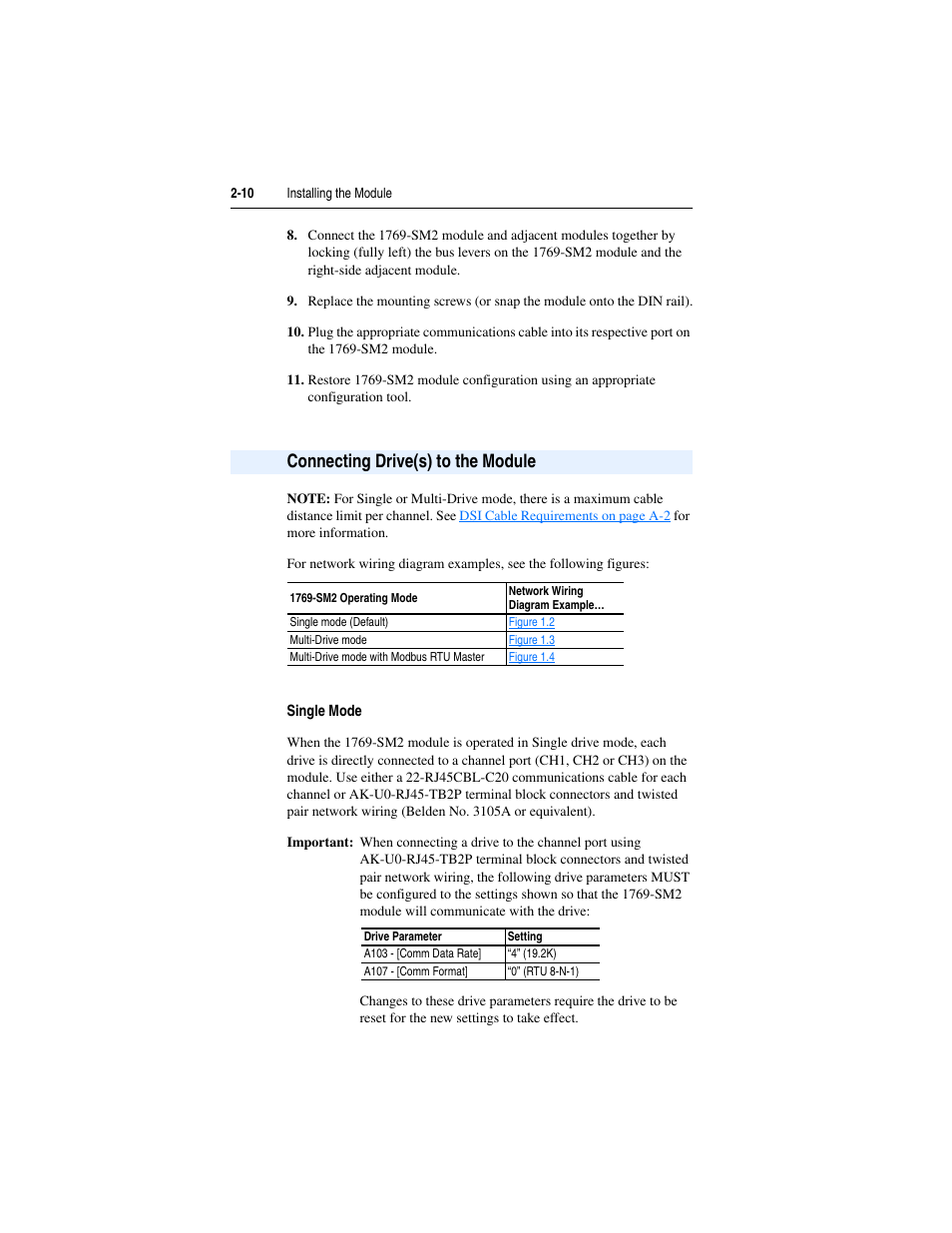 Connecting drive(s) to the module, Single mode, Connecting drive(s) to the module -10 | Rockwell Automation 1769-SM2 Compact I/O DSI/Modbus Communication Module User Manual | Page 32 / 204