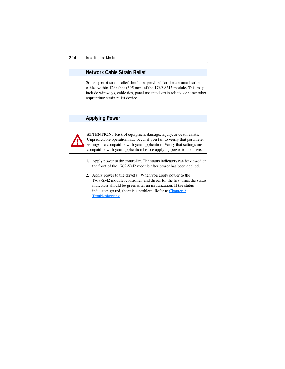 Network cable strain relief, Applying power, Network cable strain relief -14 applying power -14 | Rockwell Automation 1769-SM2 Compact I/O DSI/Modbus Communication Module User Manual | Page 36 / 204