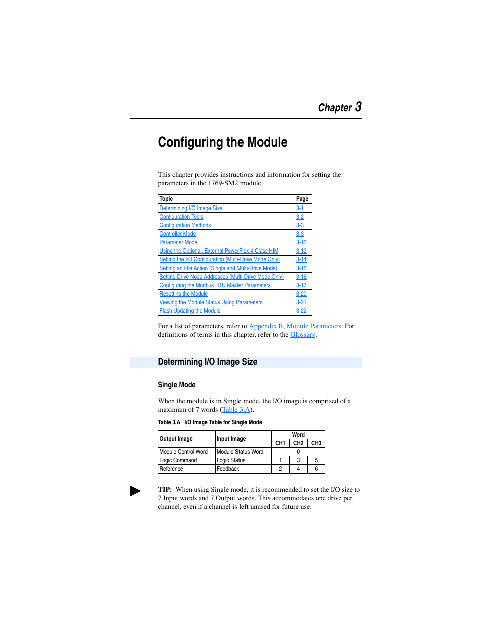 Chapter 3, Configuring the module, Determining i/o image size | Single mode, Determining i/o image size -1, 3configuring the module, Chapter | Rockwell Automation 1769-SM2 Compact I/O DSI/Modbus Communication Module User Manual | Page 39 / 204
