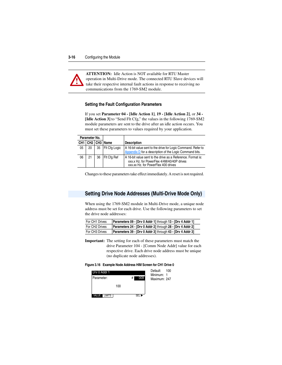 Setting the fault configuration parameters, Setting drive node addresses (multi-drive mode | Rockwell Automation 1769-SM2 Compact I/O DSI/Modbus Communication Module User Manual | Page 54 / 204