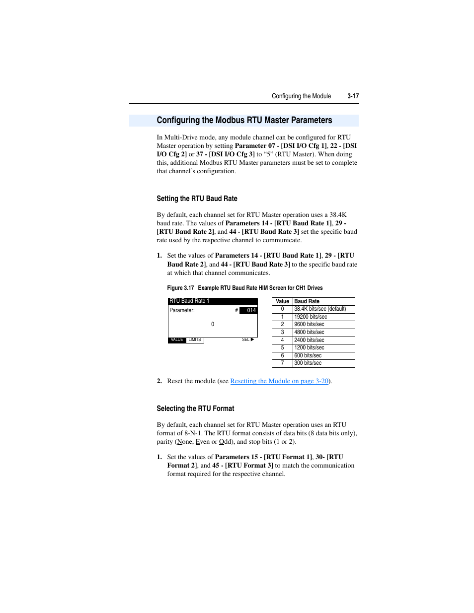 Configuring the modbus rtu master parameters, Setting the rtu baud rate, Selecting the rtu format | Configuring the modbus rtu master parameters -17 | Rockwell Automation 1769-SM2 Compact I/O DSI/Modbus Communication Module User Manual | Page 55 / 204