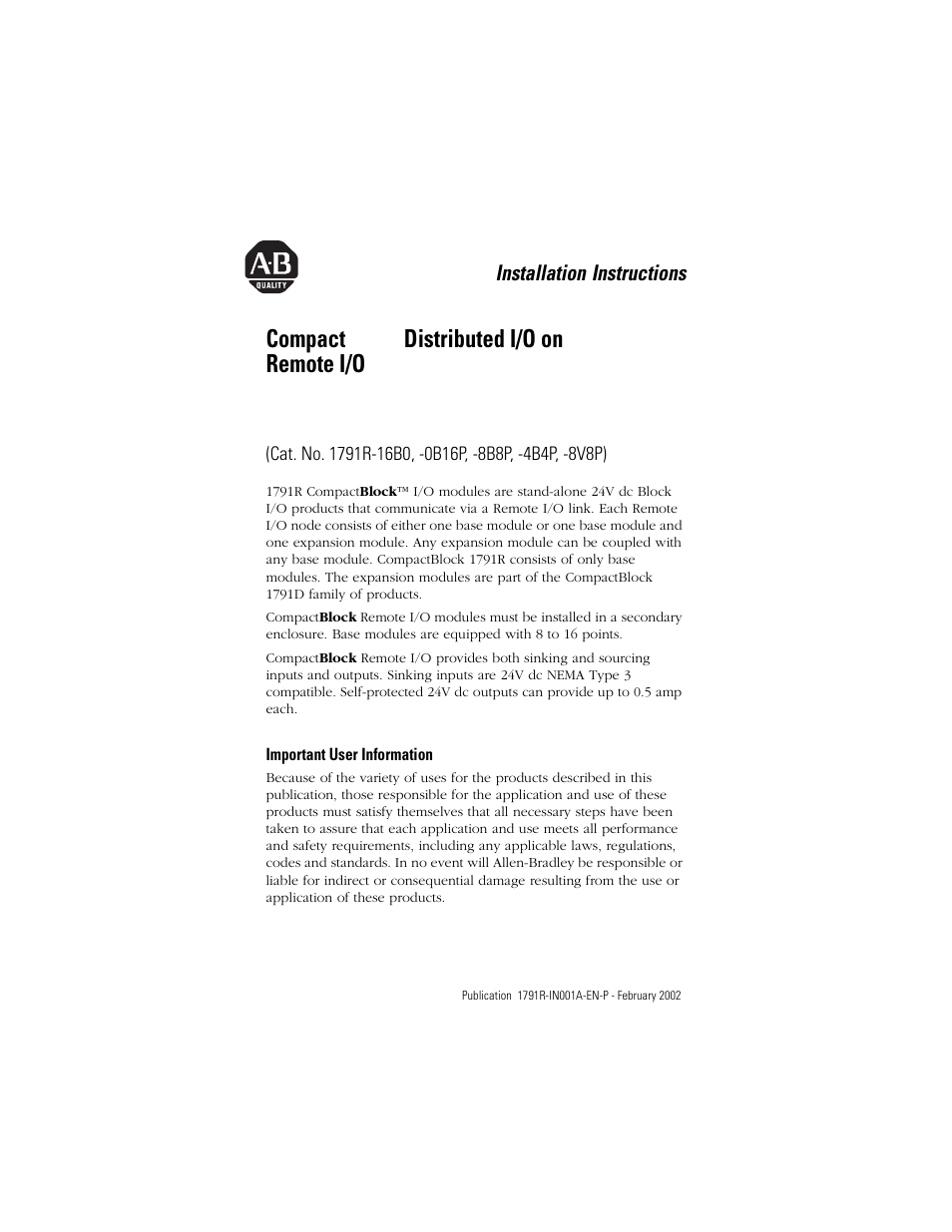 Rockwell Automation 1791R-XXXX CompactBlock RIO User Manual | 28 pages