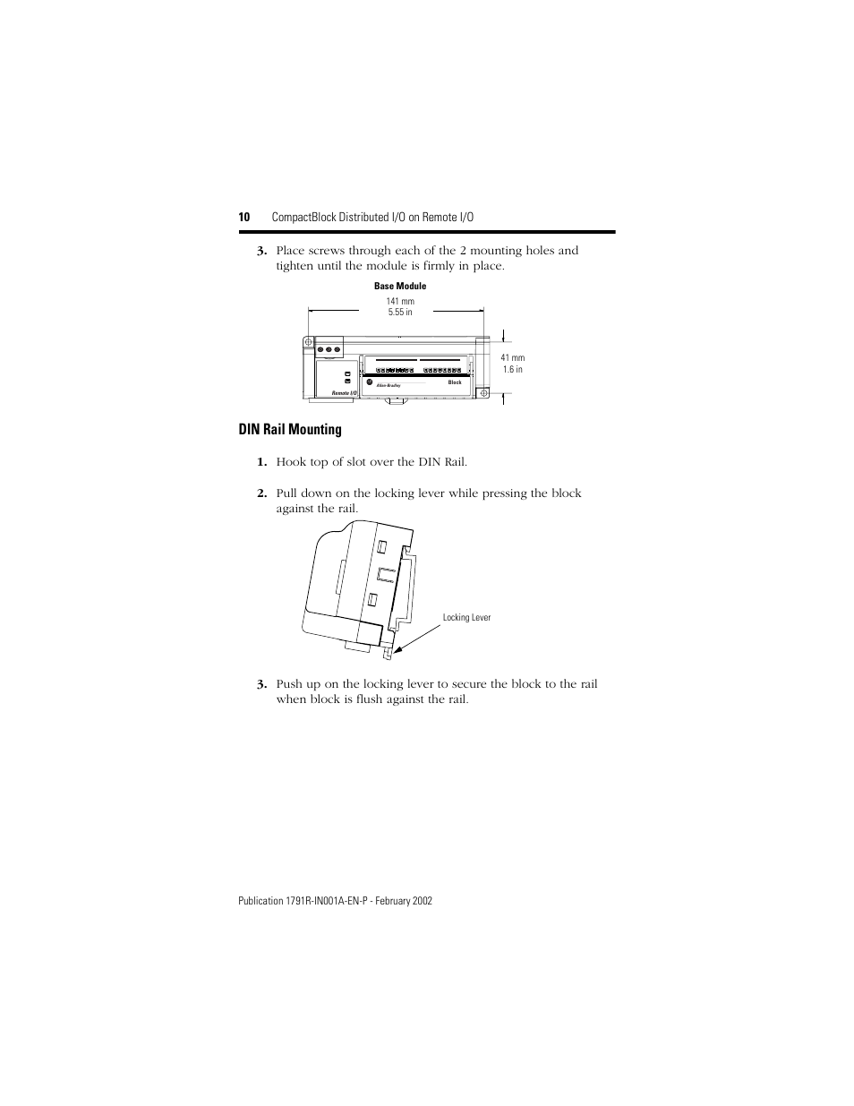 Din rail mounting, 10 compactblock distributed i/o on remote i/o | Rockwell Automation 1791R-XXXX CompactBlock RIO User Manual | Page 10 / 28