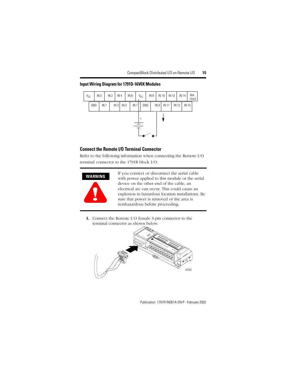 Connect the remote i/o terminal connector, Compactblock distributed i/o on remote i/o 15, 8 inputs / 8 outputs . dc power | Rockwell Automation 1791R-XXXX CompactBlock RIO User Manual | Page 15 / 28