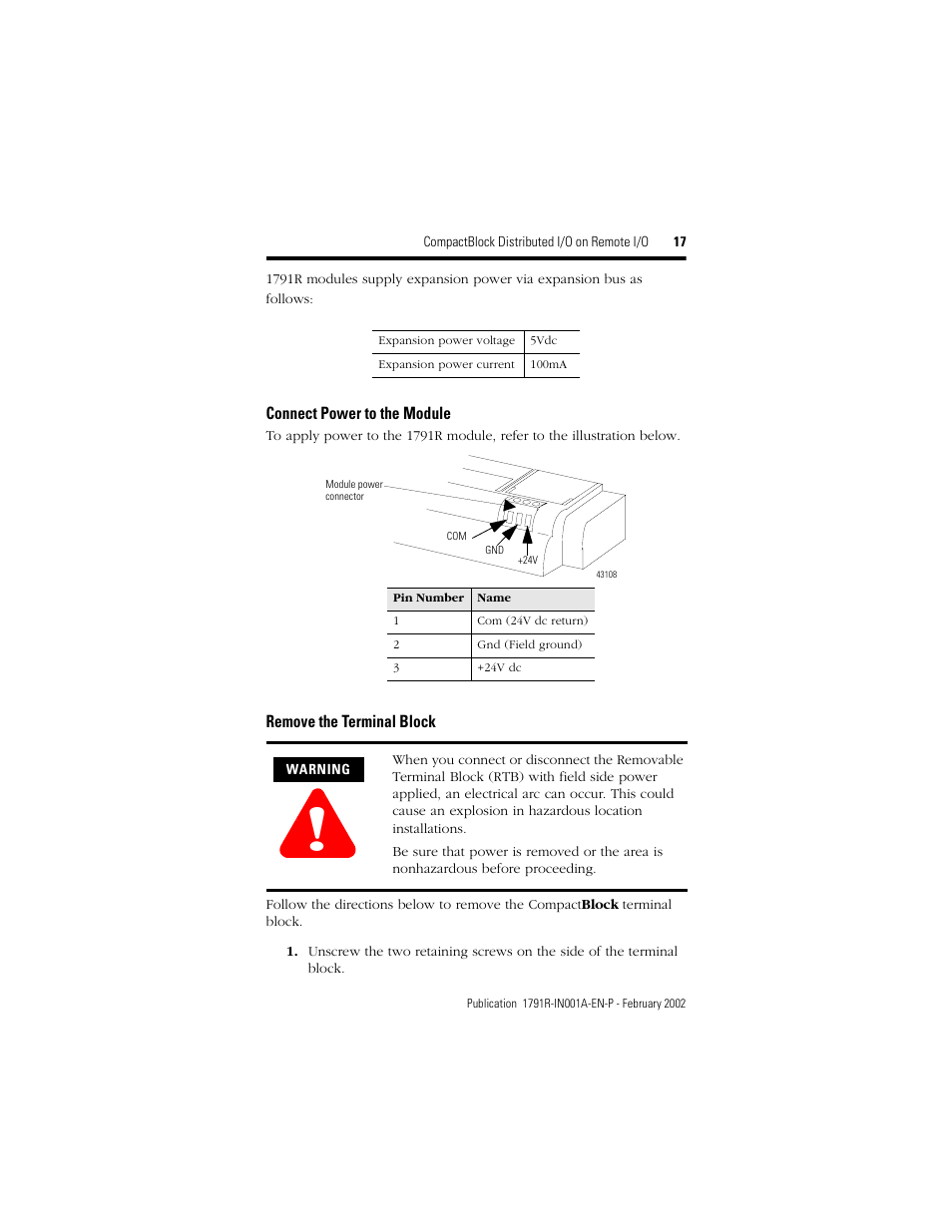 Connect power to the module, Remove the terminal block | Rockwell Automation 1791R-XXXX CompactBlock RIO User Manual | Page 17 / 28