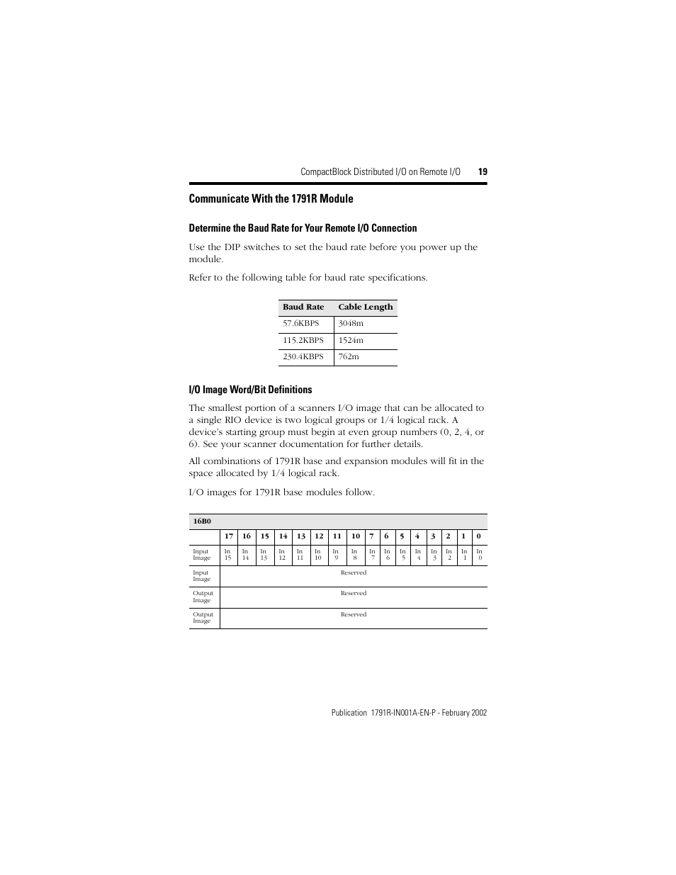 Communicate with the 1791r module, I/o image word/bit definitions | Rockwell Automation 1791R-XXXX CompactBlock RIO User Manual | Page 19 / 28