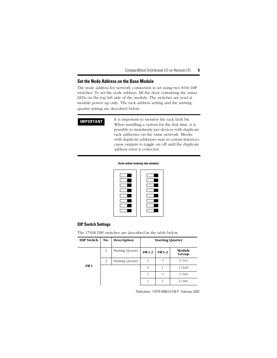 Set the node address on the base module, Dip switch settings, Compactblock distributed i/o on remote i/o 5 | Rockwell Automation 1791R-XXXX CompactBlock RIO User Manual | Page 5 / 28