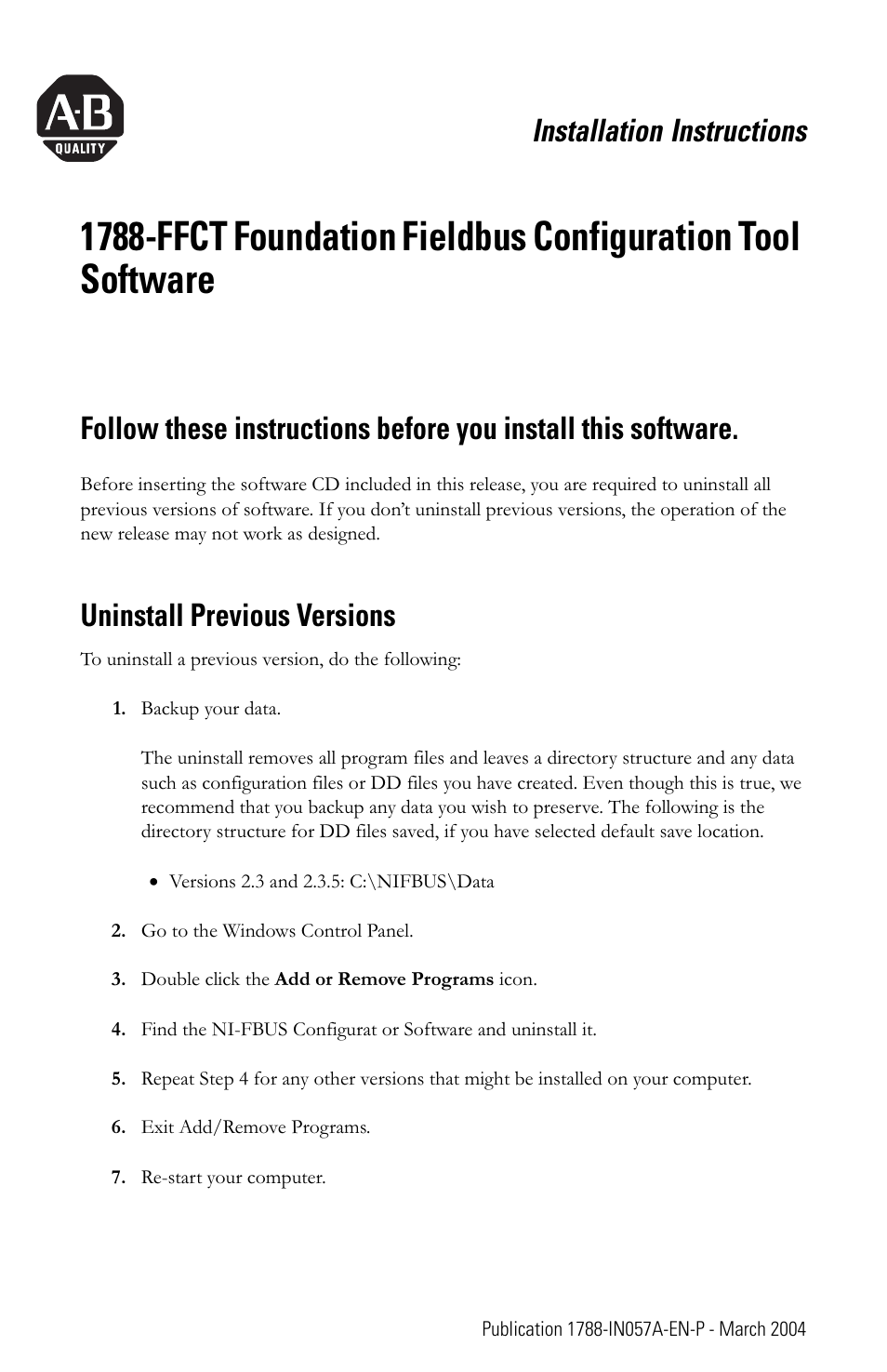 Rockwell Automation 1788-CN2FF Foundation Fieldbus Configuration Tool Software User Manual | 4 pages