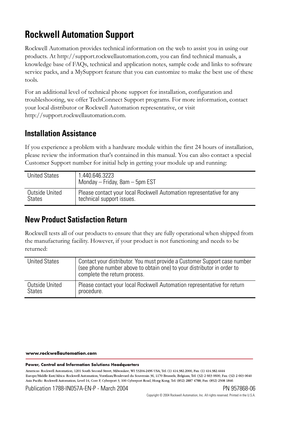 Rockwell automation support, Installation assistance, New product satisfaction return | Rockwell Automation 1788-CN2FF Foundation Fieldbus Configuration Tool Software User Manual | Page 4 / 4