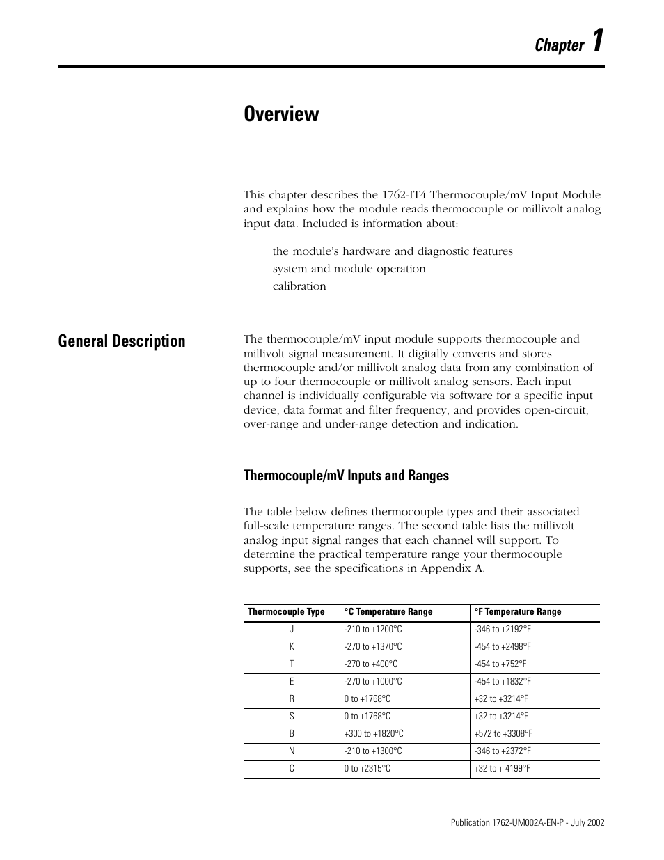 Overview, General description, Chapter 1 | General description -1, Thermocouple/mv inputs and ranges -1, Chapter, Thermocouple/mv inputs and ranges | Rockwell Automation 1762-IT4 Thermocouple/mV Input Module User Manual | Page 11 / 144