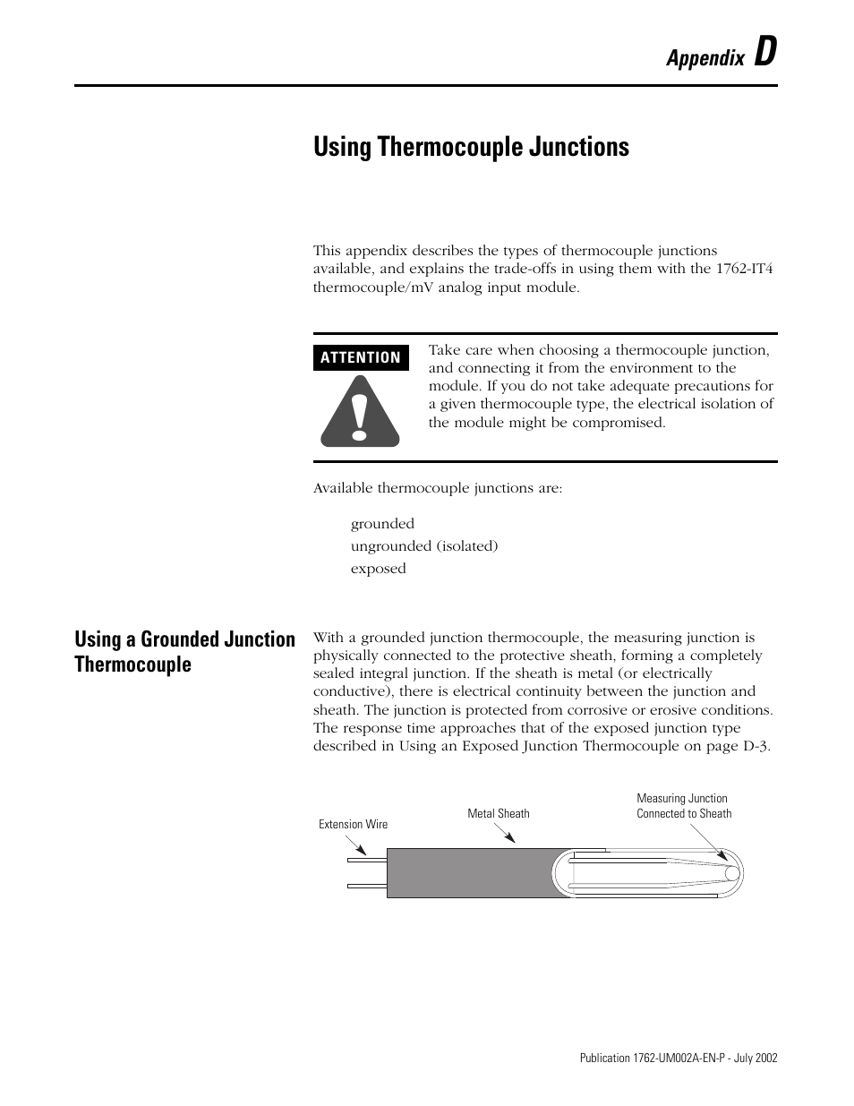 Using thermocouple junctions, Using a grounded junction thermocouple, Appendix d | Rockwell Automation 1762-IT4 Thermocouple/mV Input Module User Manual | Page 123 / 144