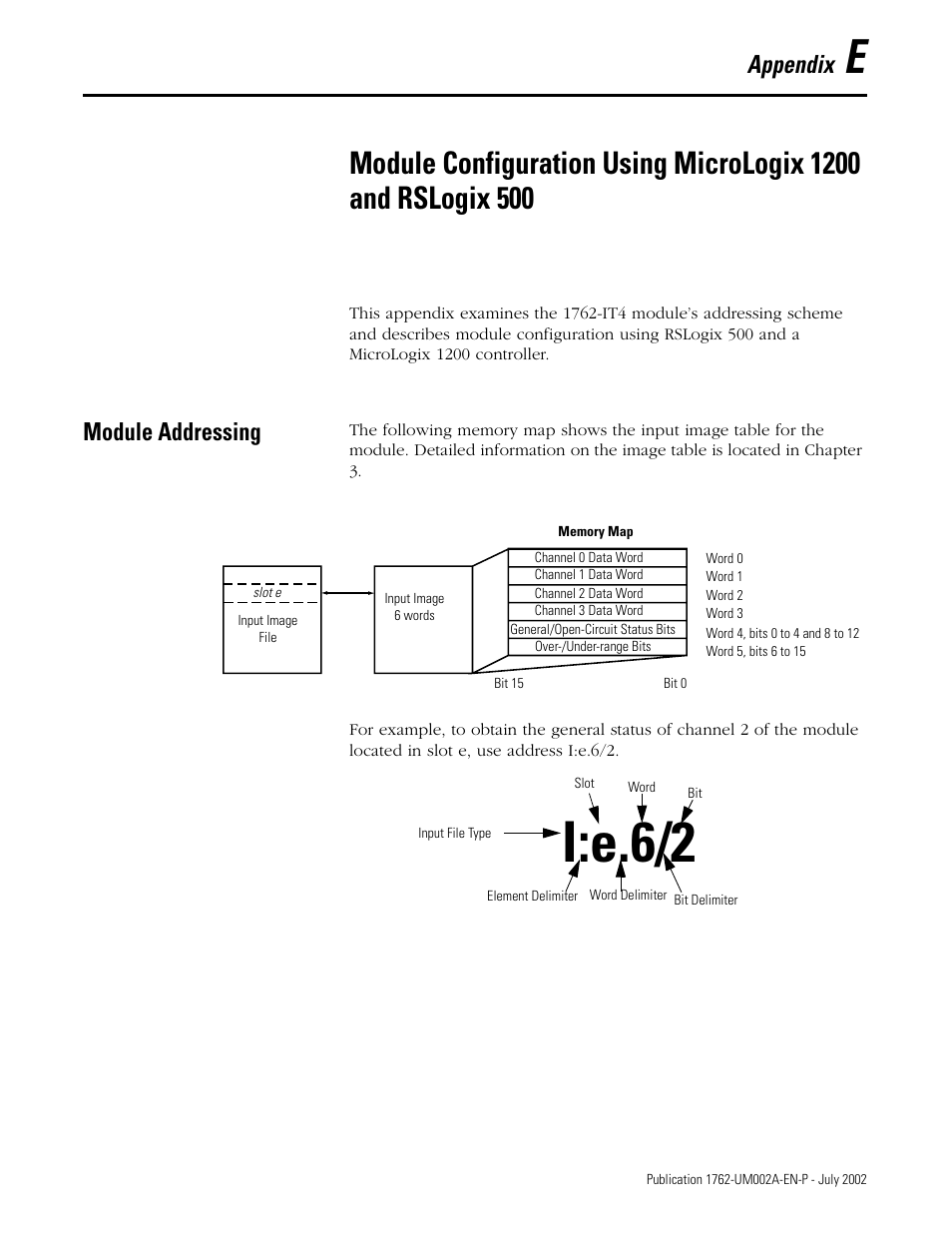 Module addressing, Appendix e, I:e.6/2 | Appendix | Rockwell Automation 1762-IT4 Thermocouple/mV Input Module User Manual | Page 127 / 144