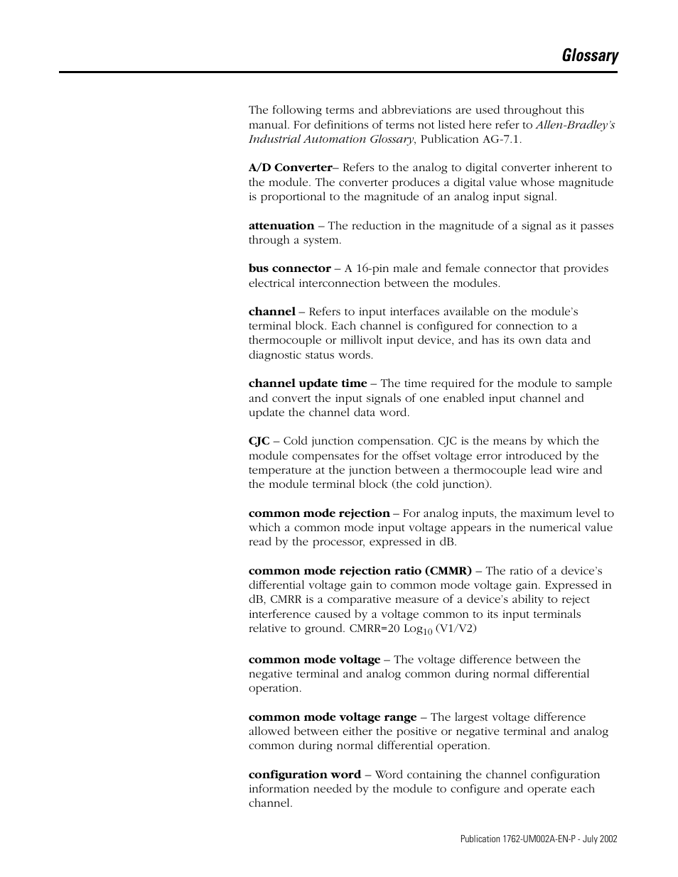 Glossary | Rockwell Automation 1762-IT4 Thermocouple/mV Input Module User Manual | Page 135 / 144
