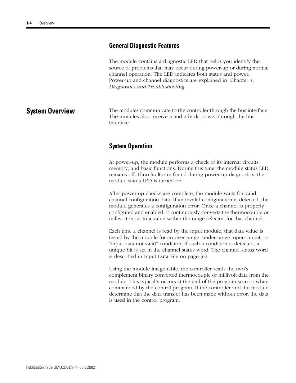 System overview, General diagnostic features -4, System overview -4 | System operation -4 | Rockwell Automation 1762-IT4 Thermocouple/mV Input Module User Manual | Page 14 / 144