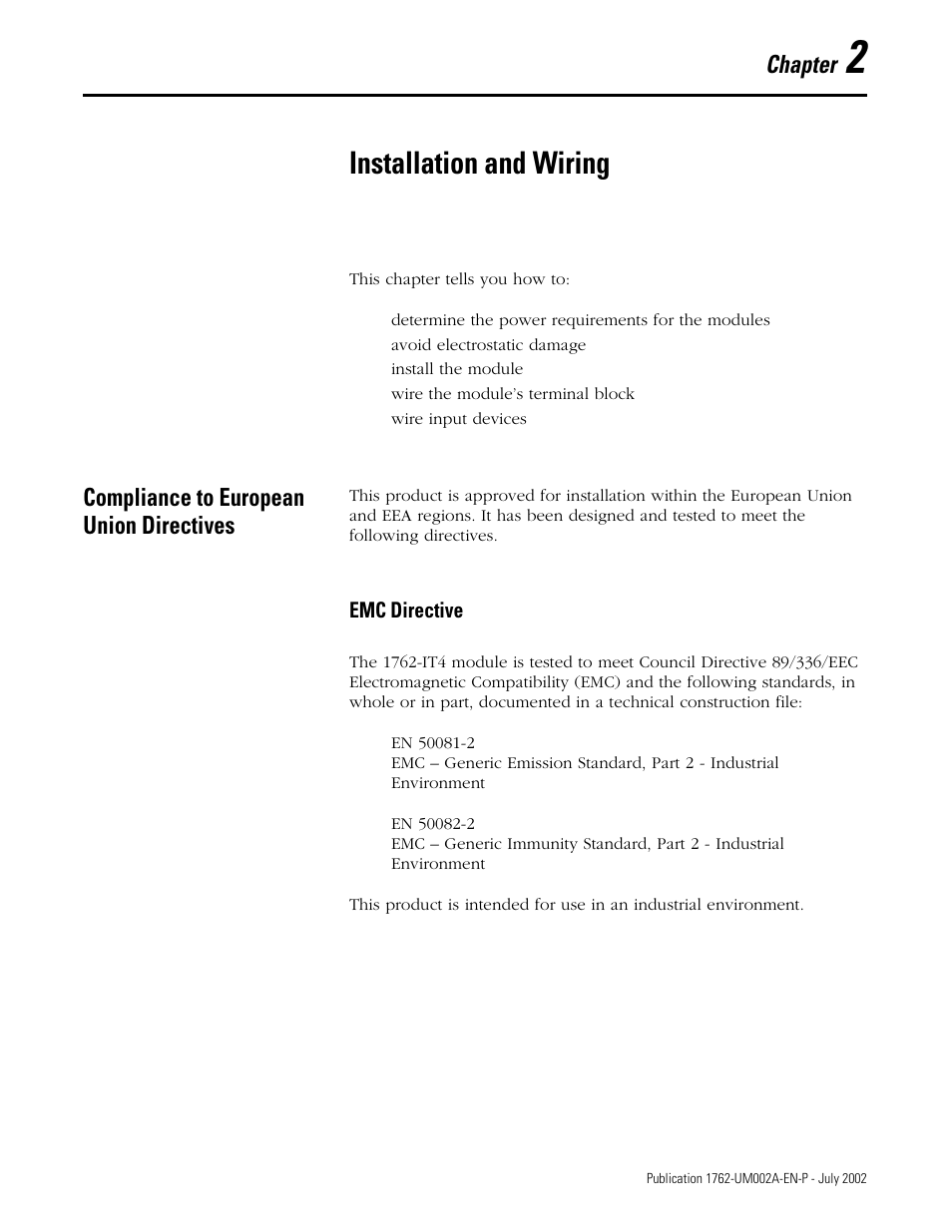 Installation and wiring, Compliance to european union directives, Chapter 2 | Compliance to european union directives -1, Emc directive -1, Chapter | Rockwell Automation 1762-IT4 Thermocouple/mV Input Module User Manual | Page 17 / 144