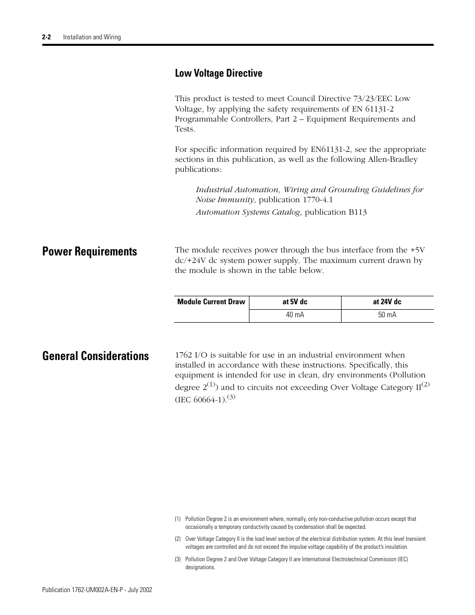 Power requirements, General considerations, Low voltage directive -2 | Power requirements -2 general considerations -2, Low voltage directive | Rockwell Automation 1762-IT4 Thermocouple/mV Input Module User Manual | Page 18 / 144
