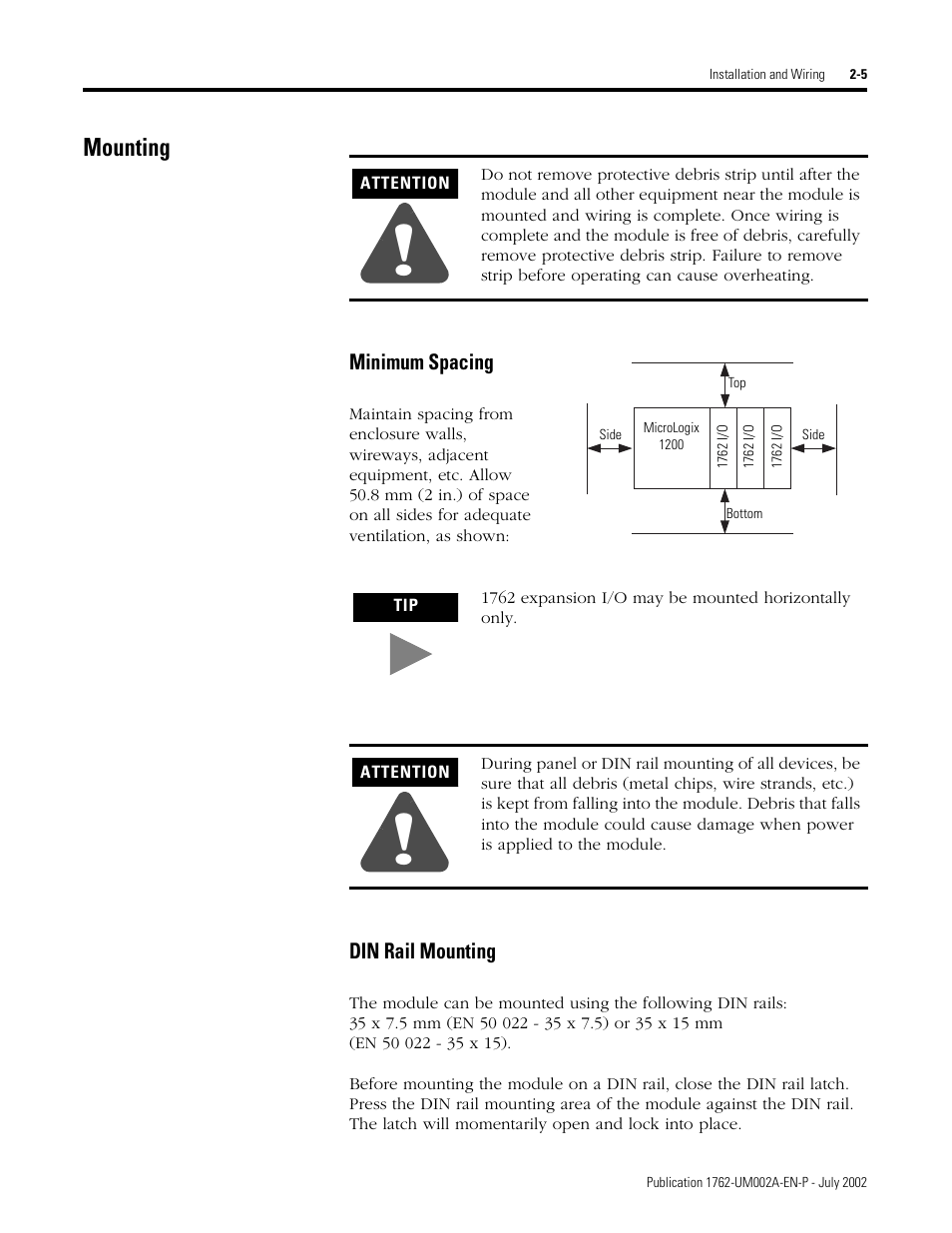 Mounting, Mounting -5, Minimum spacing -5 din rail mounting -5 | Rockwell Automation 1762-IT4 Thermocouple/mV Input Module User Manual | Page 21 / 144