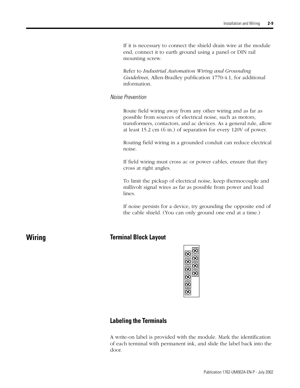 Wiring, Wiring -9, Terminal block layout -9 labeling the terminals -9 | Terminal block layout labeling the terminals, Noise prevention | Rockwell Automation 1762-IT4 Thermocouple/mV Input Module User Manual | Page 25 / 144