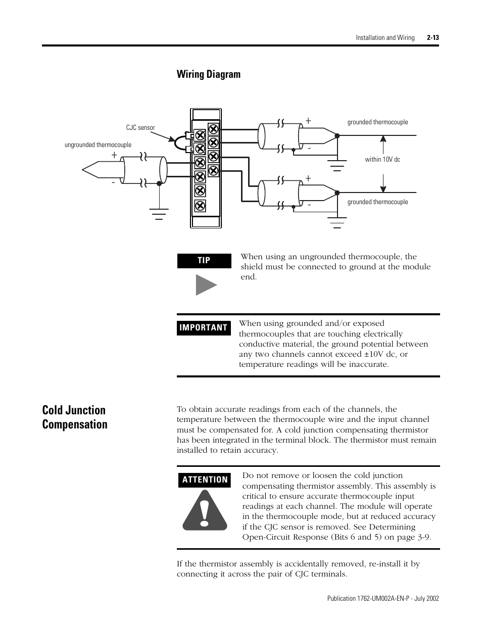 Cold junction compensation, Wiring diagram -13, Cold junction compensation -13 | Rockwell Automation 1762-IT4 Thermocouple/mV Input Module User Manual | Page 29 / 144