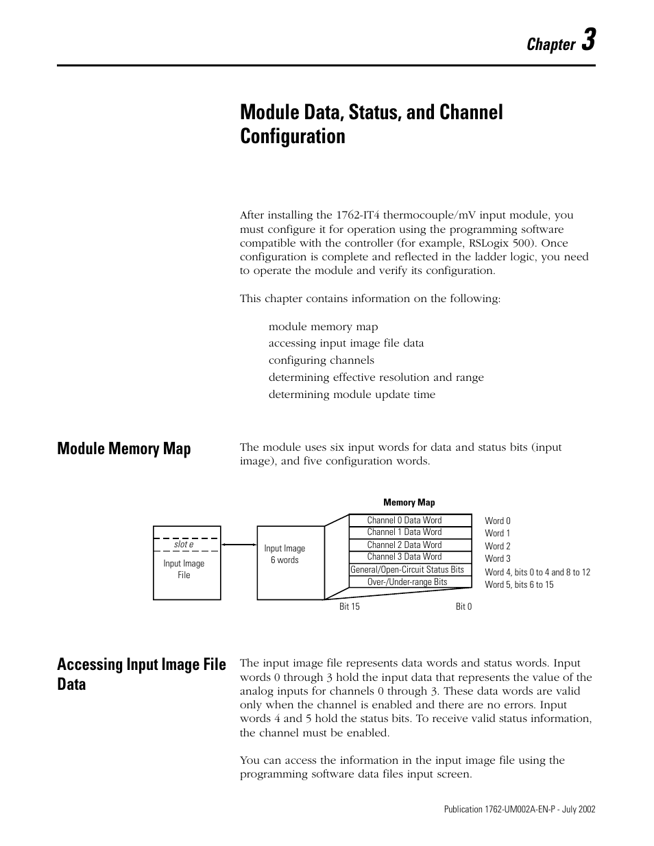 Module data, status, and channel configuration, Module memory map, Accessing input image file data | Chapter 3, Module, Accessing input image file data -1, Chapter | Rockwell Automation 1762-IT4 Thermocouple/mV Input Module User Manual | Page 31 / 144