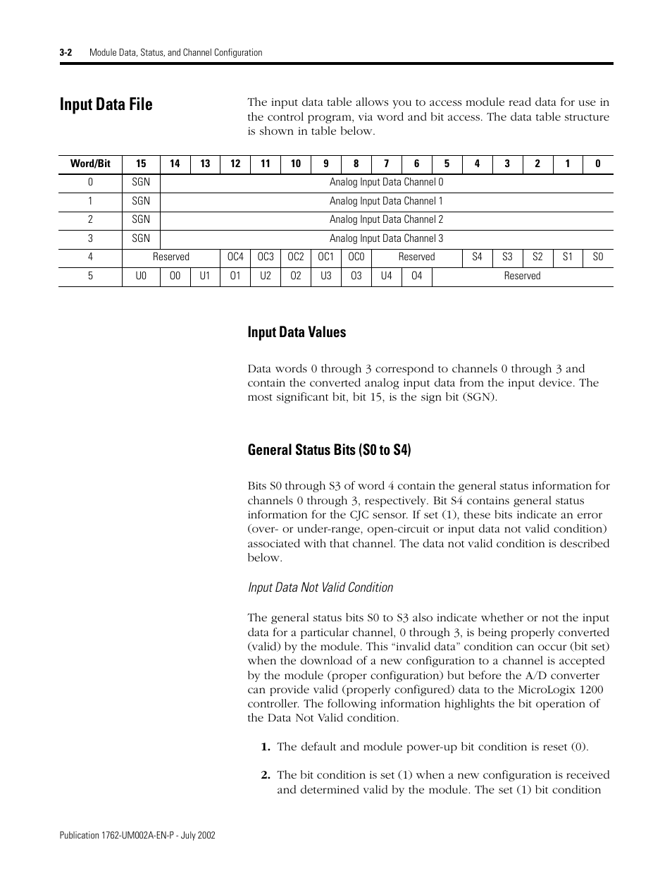 Input data file, Input data file -2, Input data values | General status bits (s0 to s4) | Rockwell Automation 1762-IT4 Thermocouple/mV Input Module User Manual | Page 32 / 144