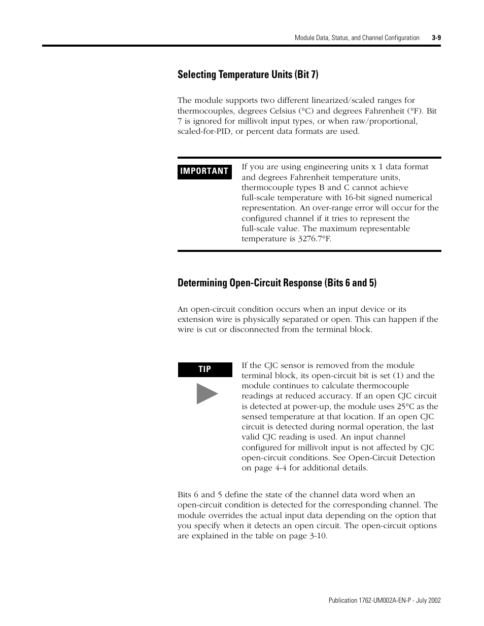 Selecting temperature units (bit 7), Determining open-circuit response (bits 6 and 5) | Rockwell Automation 1762-IT4 Thermocouple/mV Input Module User Manual | Page 39 / 144