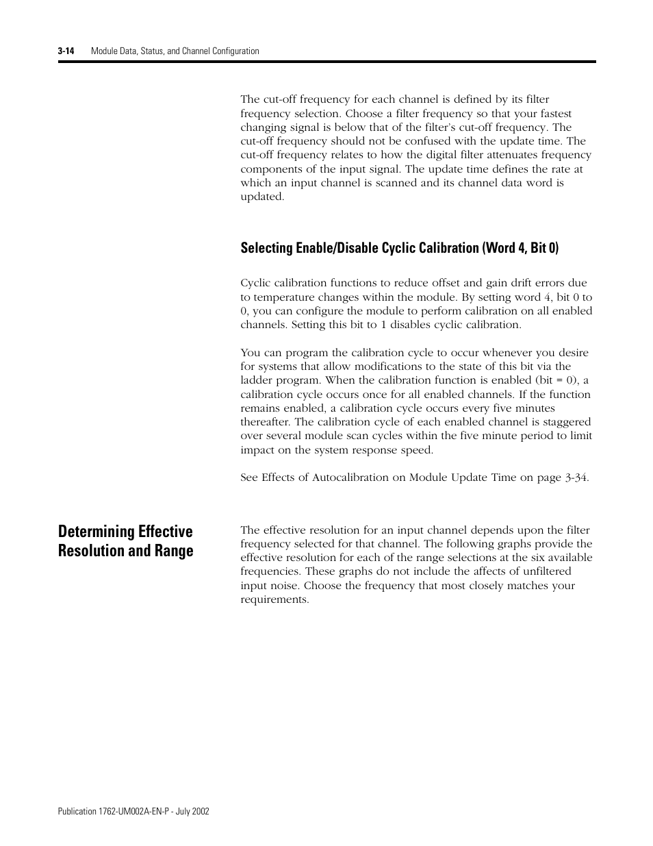 Determining effective resolution and range, Selecting enable/disable cyclic calibration | Rockwell Automation 1762-IT4 Thermocouple/mV Input Module User Manual | Page 44 / 144
