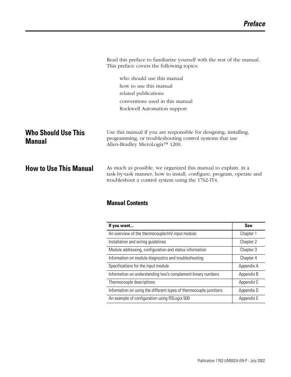 Preface, Who should use this manual, How to use this manual | Manual contents | Rockwell Automation 1762-IT4 Thermocouple/mV Input Module User Manual | Page 7 / 144