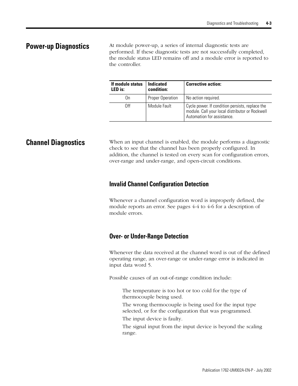 Power-up diagnostics, Channel diagnostics, Power-up diagnostics -3 channel diagnostics -3 | Invalid channel configuration detection, Over- or under-range detection | Rockwell Automation 1762-IT4 Thermocouple/mV Input Module User Manual | Page 71 / 144