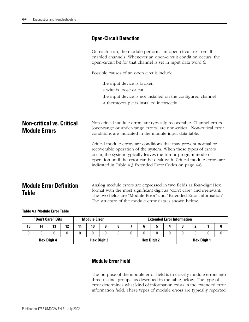 Non-critical vs. critical module errors, Module error definition table, Open-circuit detection -4 | Module error field -4, Open-circuit detection, Module error field | Rockwell Automation 1762-IT4 Thermocouple/mV Input Module User Manual | Page 72 / 144