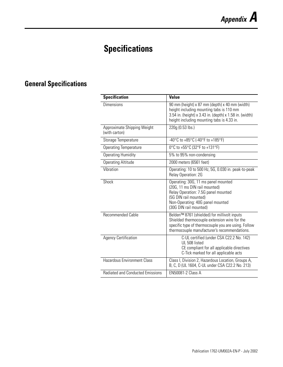 Specifications, General specifications, Appendix a | Appendix | Rockwell Automation 1762-IT4 Thermocouple/mV Input Module User Manual | Page 77 / 144