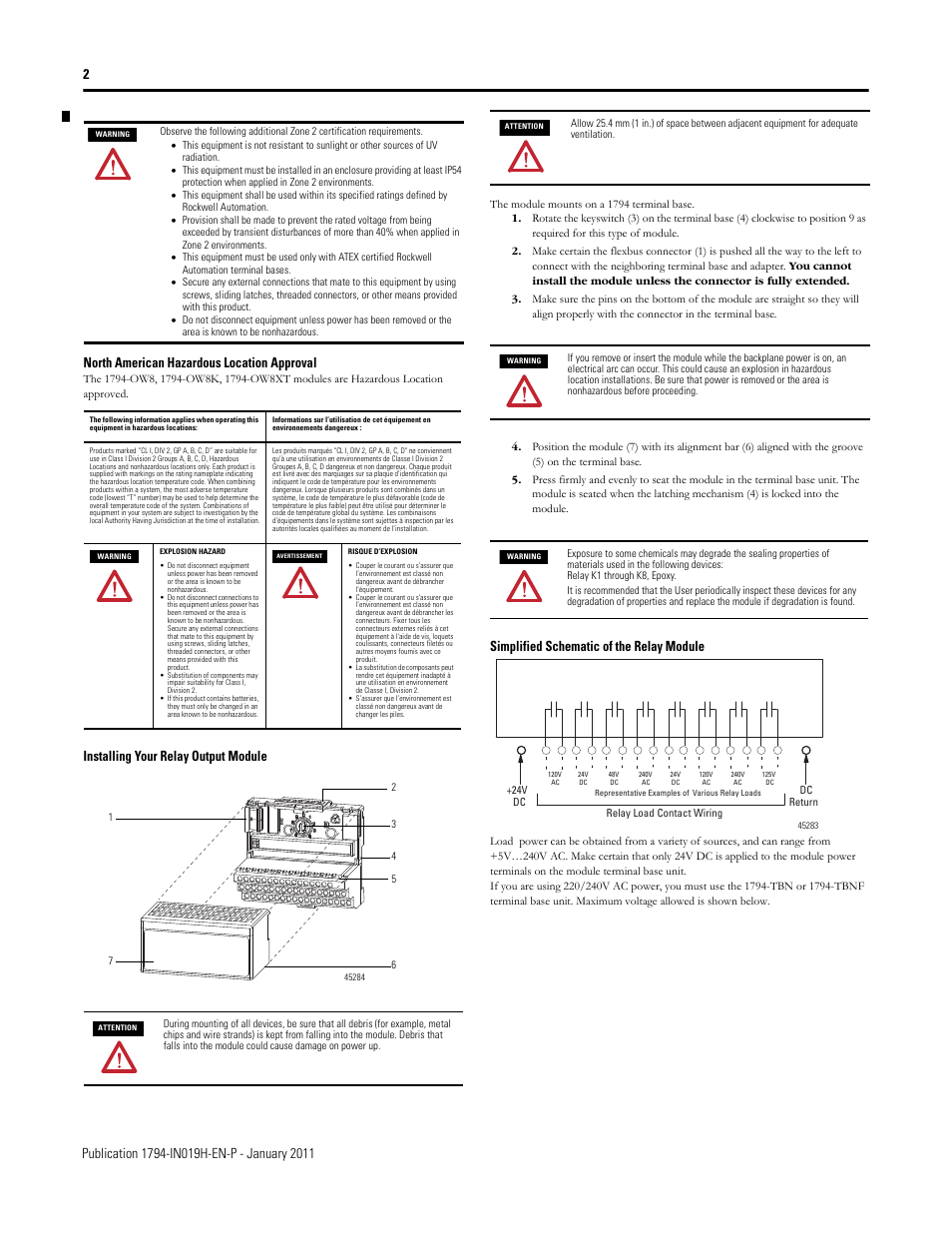 North american hazardous location approval, Installing your relay output module, Simplified schematic of the relay module | Rockwell Automation 1794-OW8_OW8K_OW8XT Flex I/O 8 Output Relay Module User Manual | Page 2 / 6