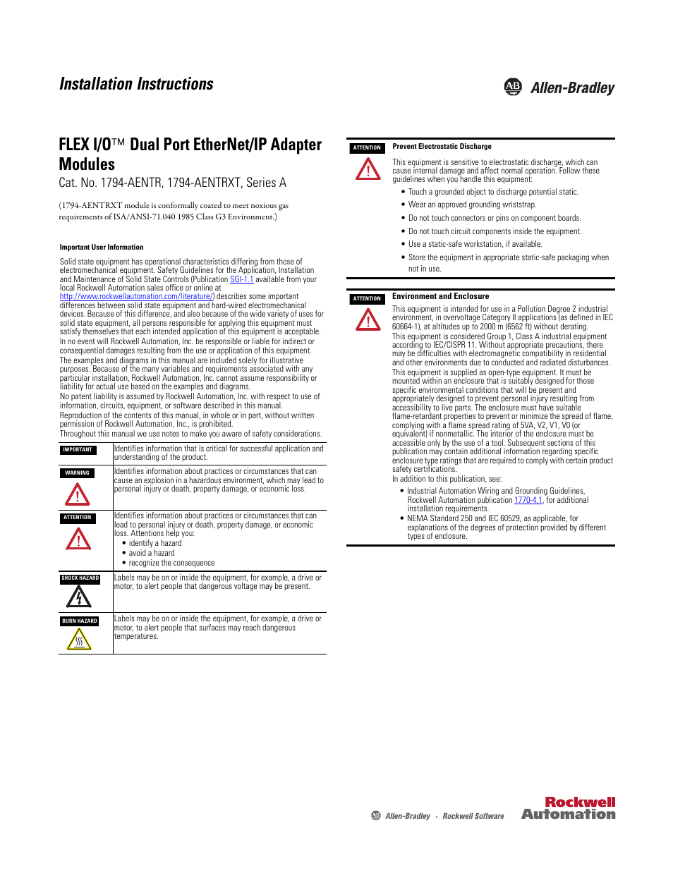 Rockwell Automation 1794-AENTR_AENTRXT FLEX I/O Dual Port EtherNet/IP Adapter Module Installation Instructions User Manual | 8 pages