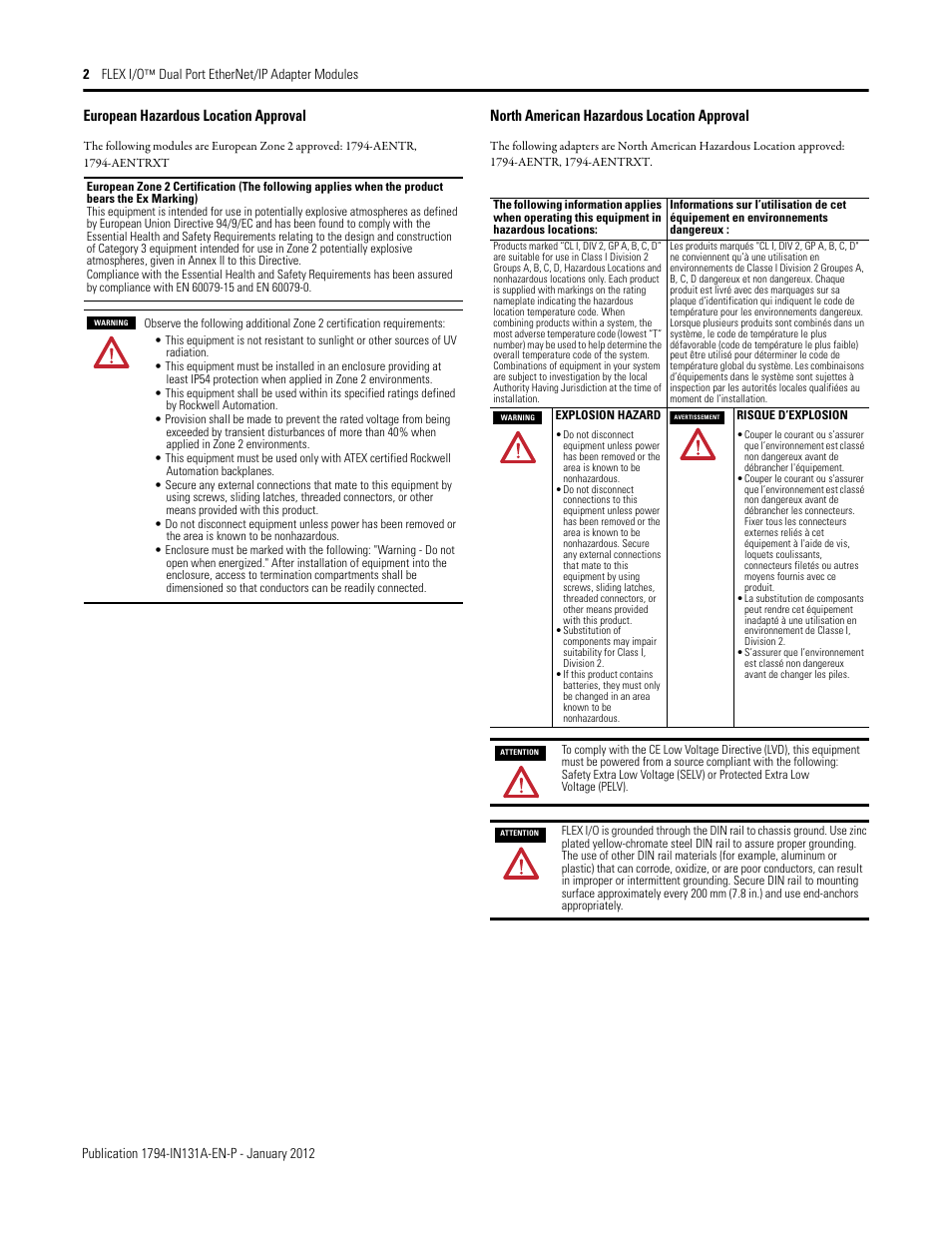 European hazardous location approval, North american hazardous location approval | Rockwell Automation 1794-AENTR_AENTRXT FLEX I/O Dual Port EtherNet/IP Adapter Module Installation Instructions User Manual | Page 2 / 8