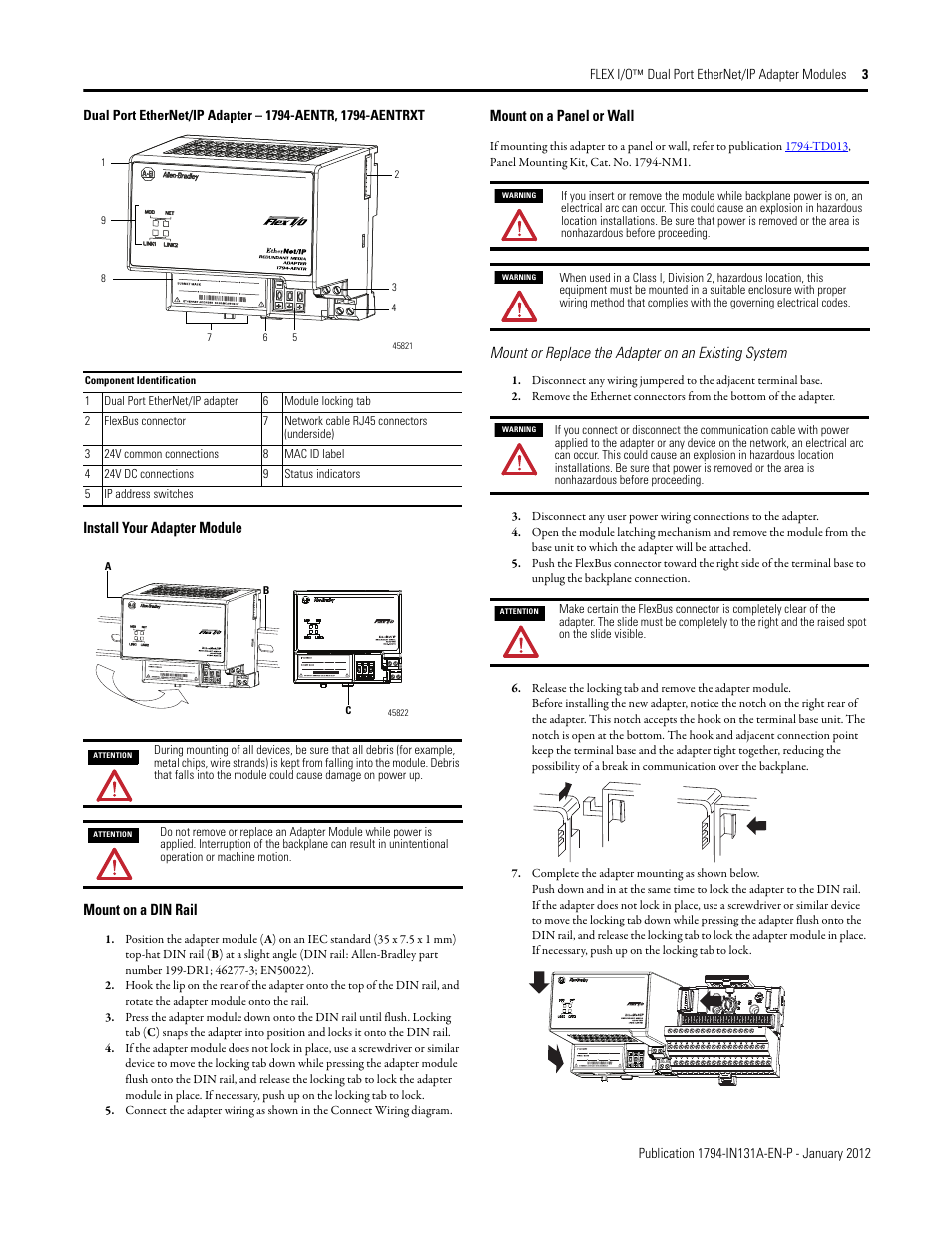 Install your adapter module, Mount on a din rail, Mount on a panel or wall | Mount or replace the adapter on an existing system | Rockwell Automation 1794-AENTR_AENTRXT FLEX I/O Dual Port EtherNet/IP Adapter Module Installation Instructions User Manual | Page 3 / 8