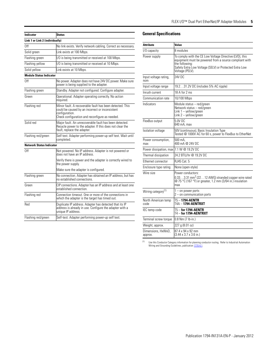 General specifications | Rockwell Automation 1794-AENTR_AENTRXT FLEX I/O Dual Port EtherNet/IP Adapter Module Installation Instructions User Manual | Page 5 / 8