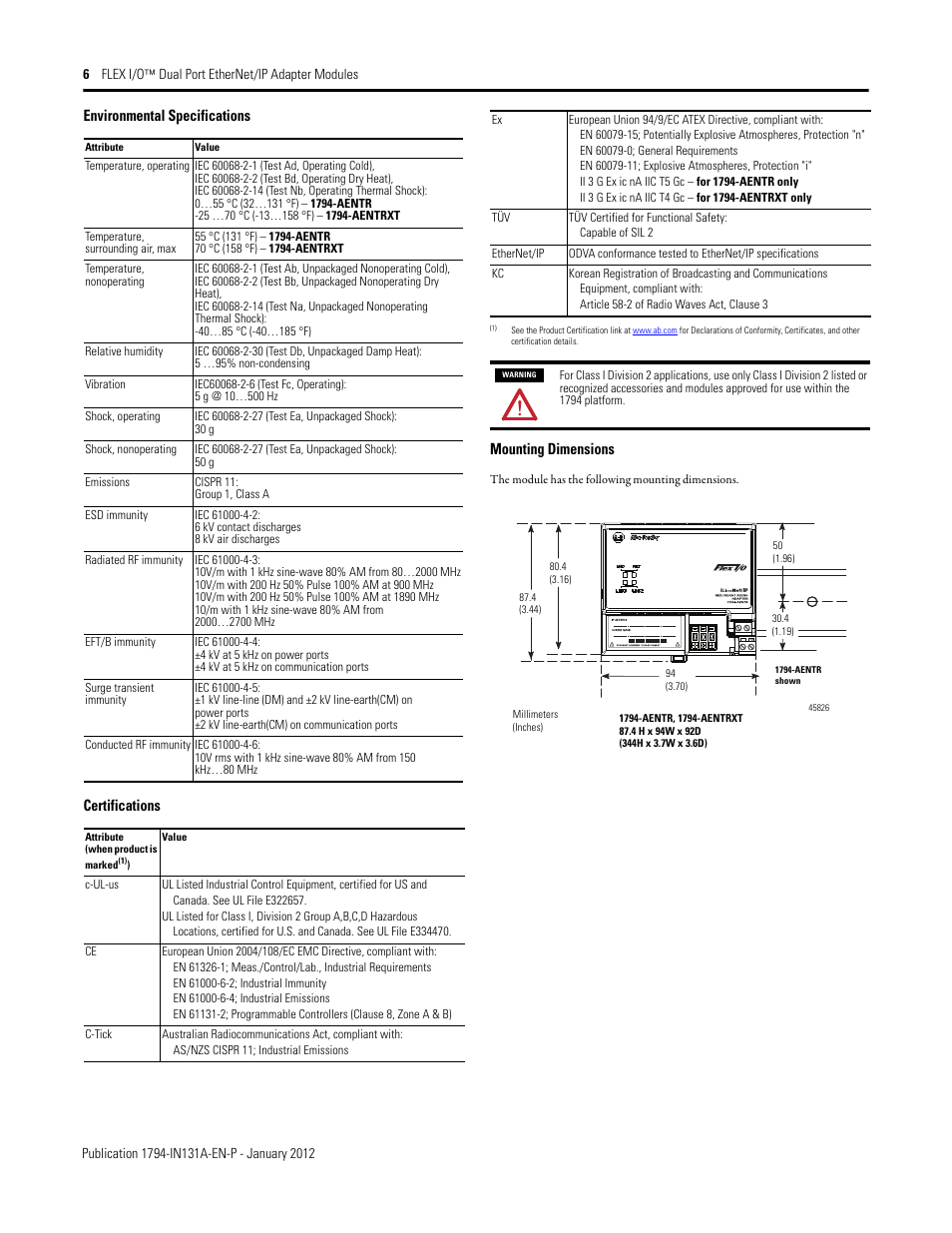 Environmental specifications, Certifications, Mounting dimensions | Rockwell Automation 1794-AENTR_AENTRXT FLEX I/O Dual Port EtherNet/IP Adapter Module Installation Instructions User Manual | Page 6 / 8