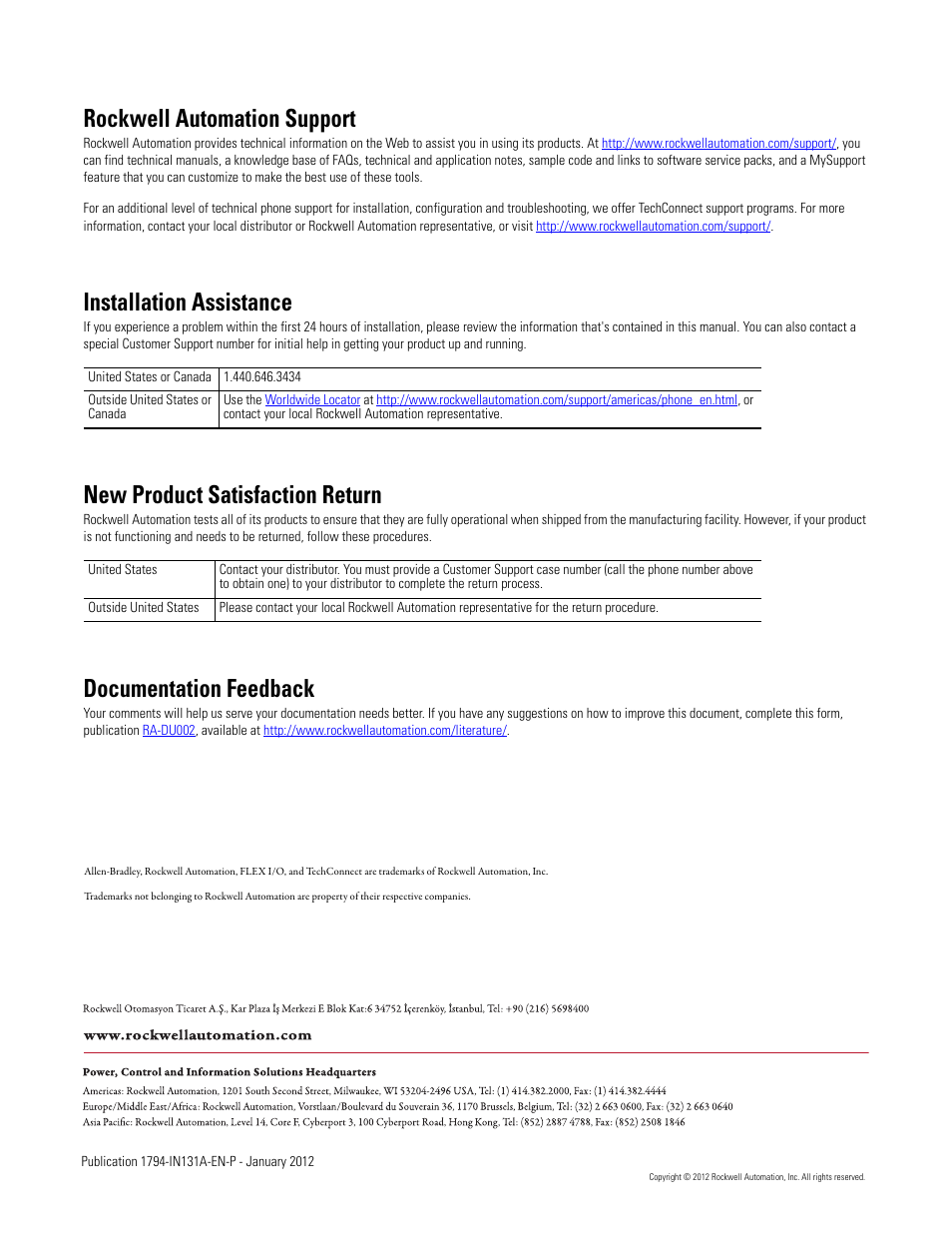 Back cover, Rockwell automation support, Installation assistance | New product satisfaction return, Documentation feedback | Rockwell Automation 1794-AENTR_AENTRXT FLEX I/O Dual Port EtherNet/IP Adapter Module Installation Instructions User Manual | Page 8 / 8