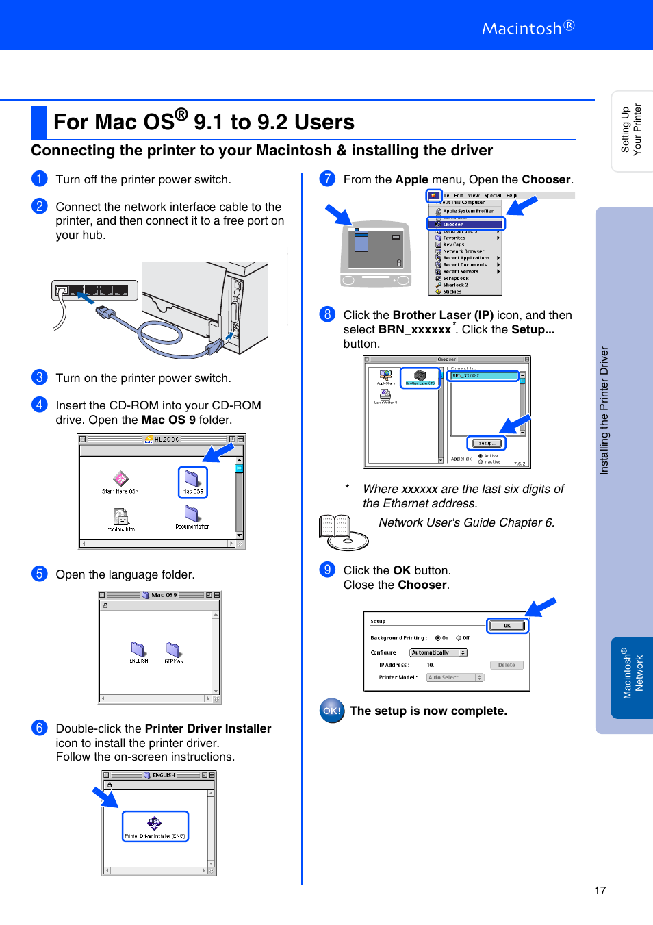 For mac os® 9.1 to 9.2 users, For mac os, 1 to 9.2 users | Brother HL-2030 User Manual | Page 17 / 18