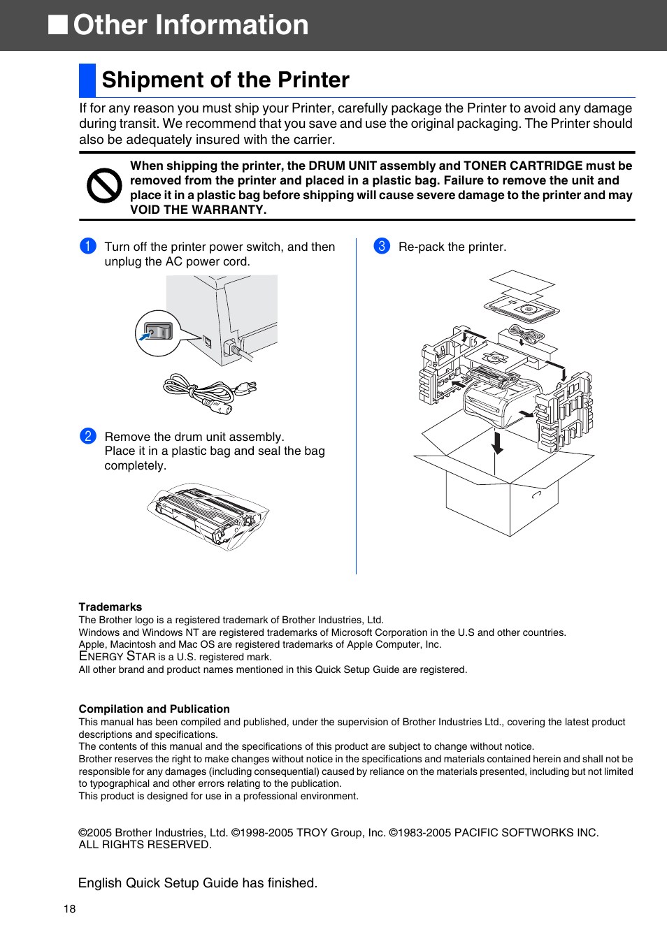 Other information, Shipment of the printer | Brother HL-2030 User Manual | Page 18 / 18