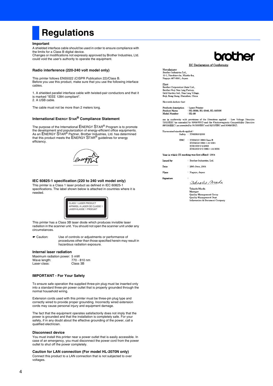 Regulations | Brother HL-2030 User Manual | Page 4 / 18