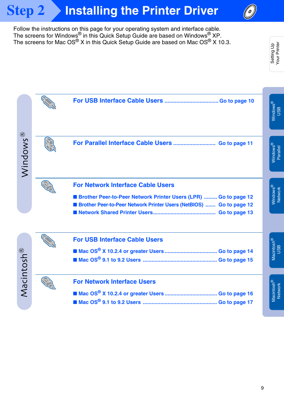 Installing the printer driver, Ling the pr, Step 2 | Ng t, R dri, For usb interface cable users, For parallel interface cable users, For network interface cable users, For network interface users | Brother HL-2030 User Manual | Page 9 / 18