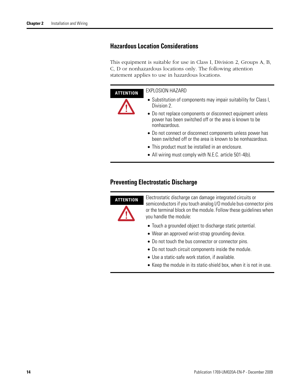 Hazardous location considerations, Preventing electrostatic discharge | Rockwell Automation 1769-OF4 Compact Analog Output Module User Manual | Page 14 / 76