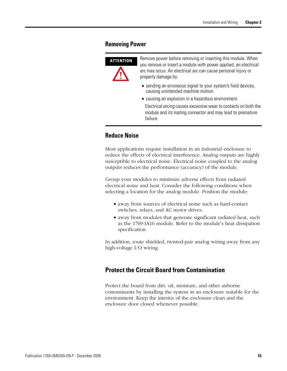 Removing power reduce noise, Protect the circuit board from contamination | Rockwell Automation 1769-OF4 Compact Analog Output Module User Manual | Page 15 / 76