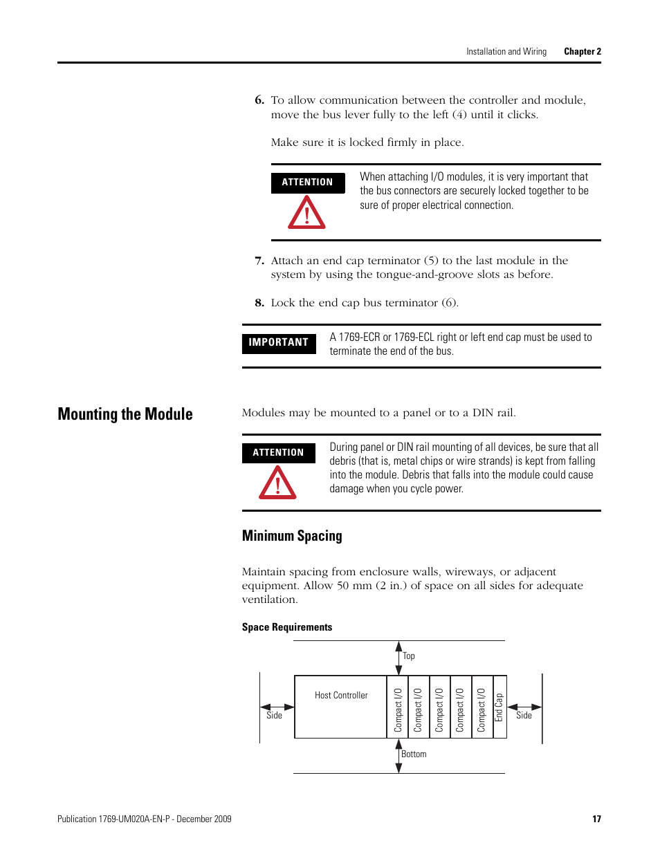 Mounting the module, Minimum spacing | Rockwell Automation 1769-OF4 Compact Analog Output Module User Manual | Page 17 / 76