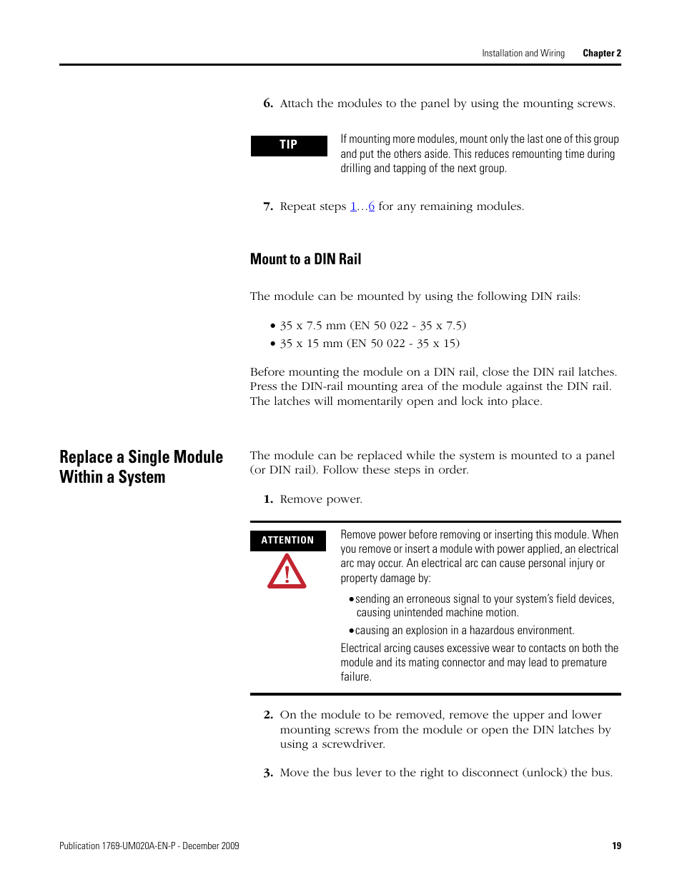 Replace a single module within a system, Mount to a din rail, Replace a | Rockwell Automation 1769-OF4 Compact Analog Output Module User Manual | Page 19 / 76