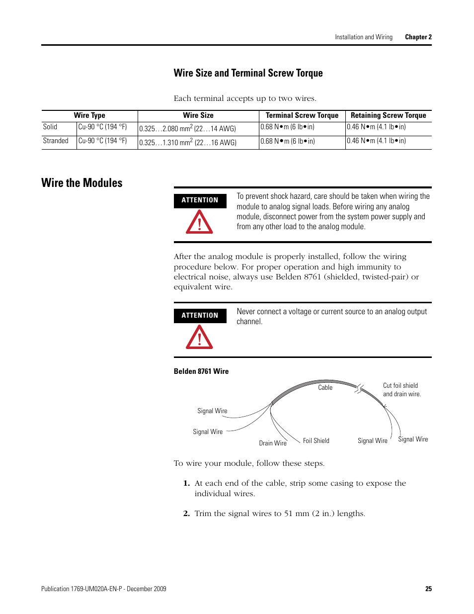 Wire the modules, Wire size and terminal screw torque | Rockwell Automation 1769-OF4 Compact Analog Output Module User Manual | Page 25 / 76