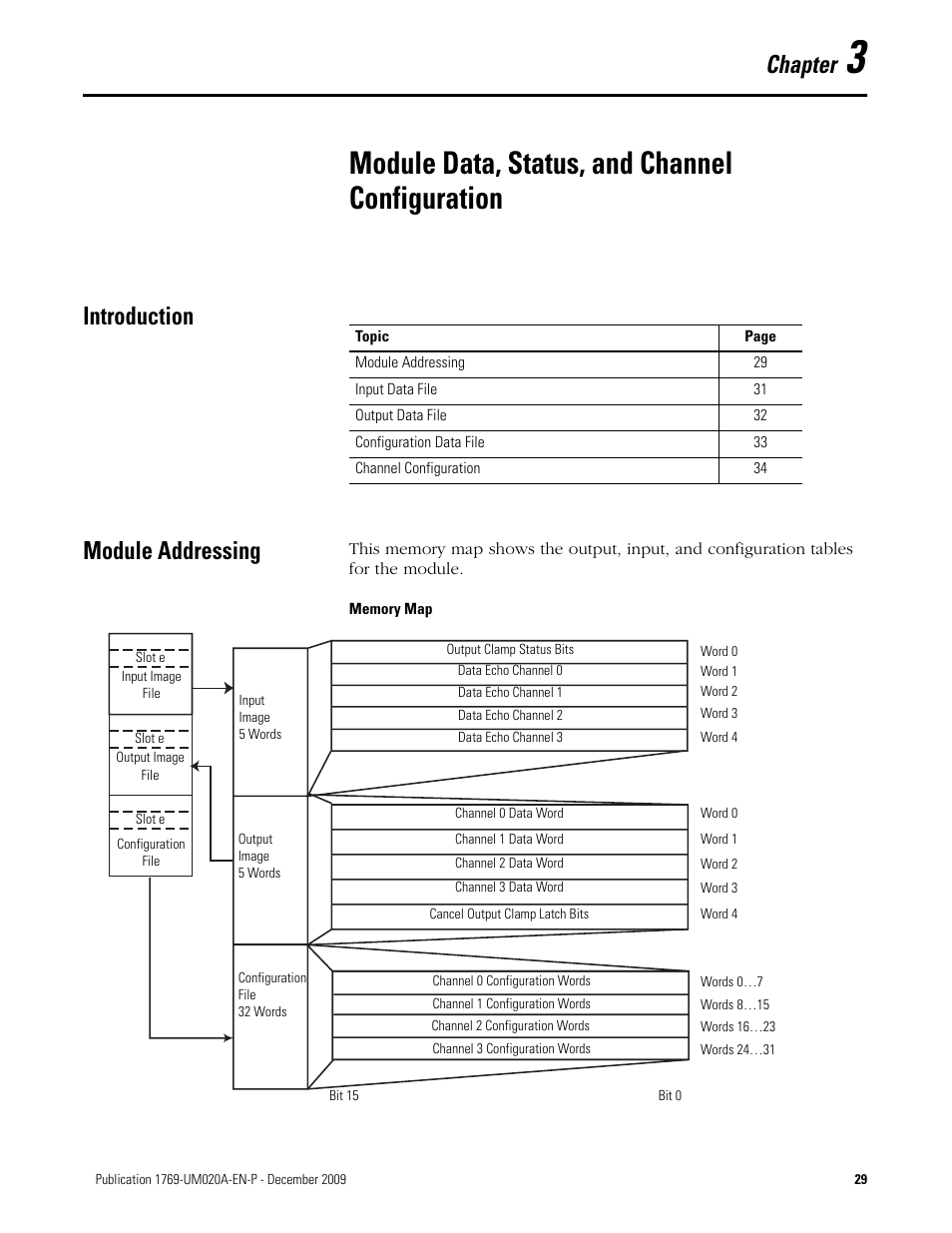 3 - module data, status, and channel configuration, Introduction, Module addressing | Chapter 3, Module data, status, and channel configuration, Introduction module addressing, Chapter | Rockwell Automation 1769-OF4 Compact Analog Output Module User Manual | Page 29 / 76