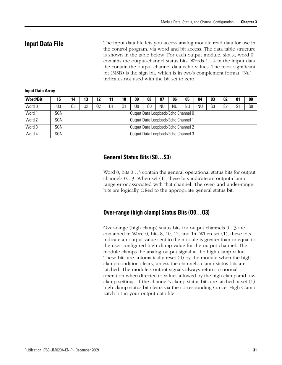 Input data file, Input data file on, General status bits (s0…s3) | Over-range (high clamp) status bits (o0…o3) | Rockwell Automation 1769-OF4 Compact Analog Output Module User Manual | Page 31 / 76